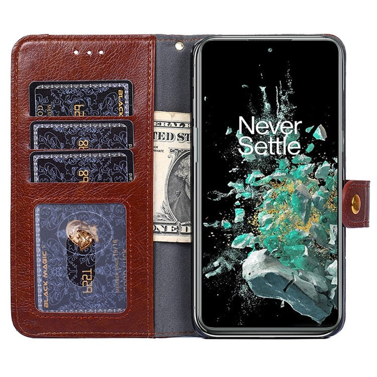 For OnePlus 10T 5G / Ace Pro 5G Shockproof Zipper Pocket PU Leather Folio Flip Case Anti-drop Phone Wallet Cover Stand with Strap - Brown