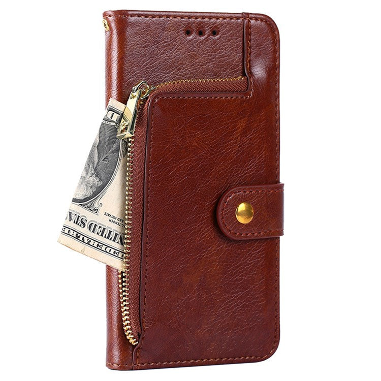 For OnePlus 10T 5G / Ace Pro 5G Shockproof Zipper Pocket PU Leather Folio Flip Case Anti-drop Phone Wallet Cover Stand with Strap - Brown