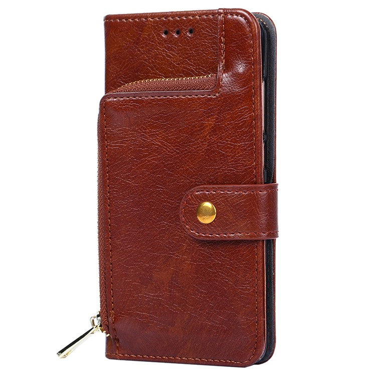 For OnePlus 10T 5G / Ace Pro 5G Shockproof Zipper Pocket PU Leather Folio Flip Case Anti-drop Phone Wallet Cover Stand with Strap - Brown