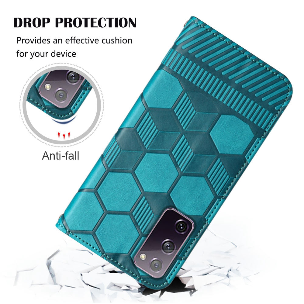YB Imprinting Series-5 For Samsung Galaxy S20 FE / S20 FE 5G / S20 FE (2022) / S20 Lite Soccer Pattern Imprinted Leather Case Stand Wallet Phone Cover - Black