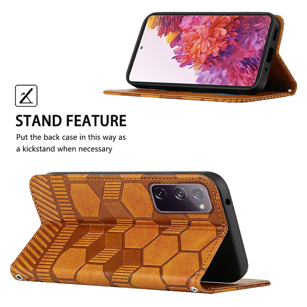 YB Imprinting Series-5 For Samsung Galaxy S20 FE / S20 FE 5G / S20 FE (2022) / S20 Lite Soccer Pattern Imprinted Leather Case Stand Wallet Phone Cover - Yellow
