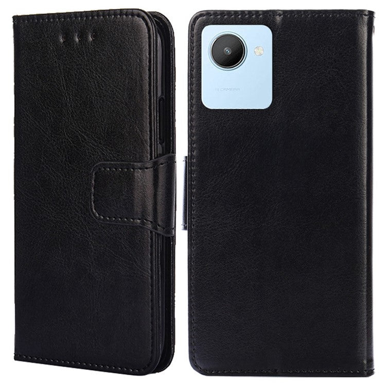 For Realme C30 4G / Narzo 50i Prime 4G Textured Leather Stand Function Phone Cover Flip Folio Phone Wallet Case - Black