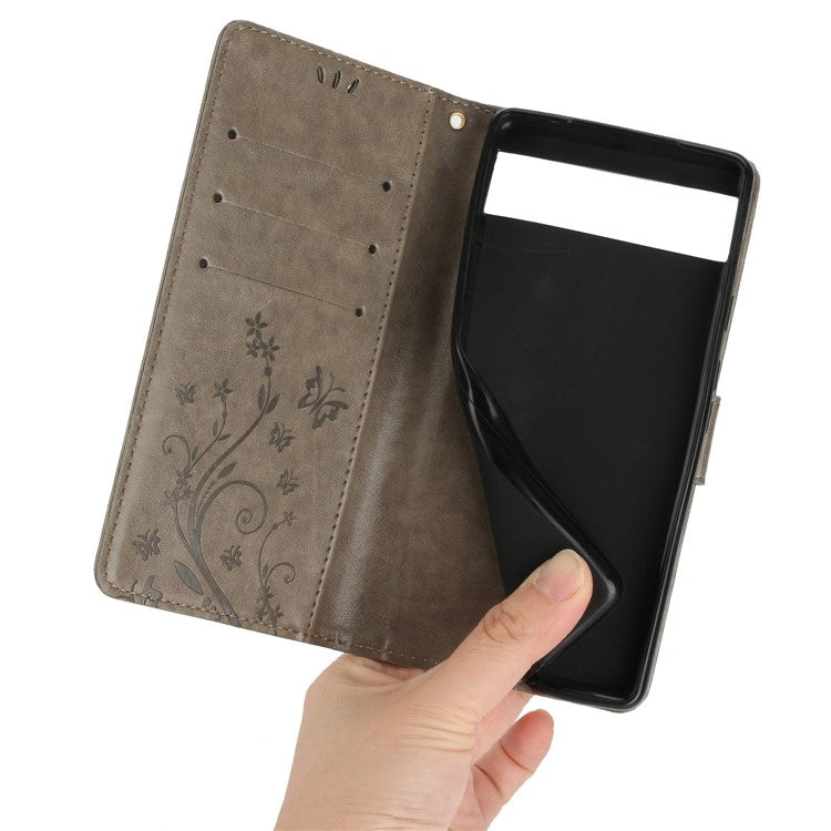 For Google Pixel 6a Drop-proof Phone Case Imprinted Butterflies PU Leather Mobile Phone Wallet Cover Stand Phone Shell - Grey