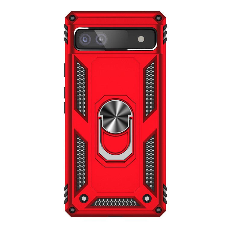 For Google Pixel 6a 5G Anti-drop TPU + PC Phone Case Ring Holder Kickstand Protective Cover with Car Mount Metal Sheet - Red