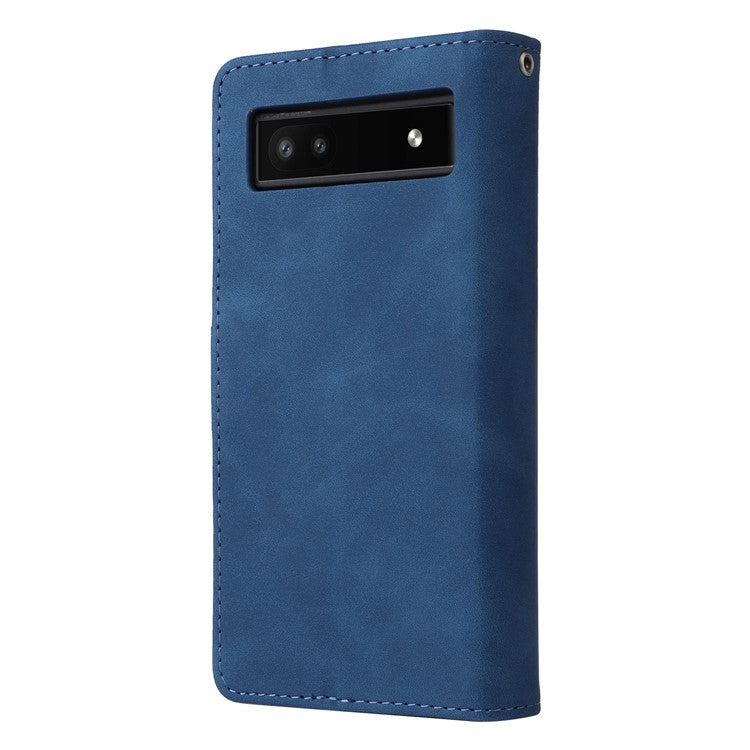 Multiple Card Slots Phone Cover for Google Pixel 6a, PU Leather Wallet Stand Zipper Pocket Shell - Blue