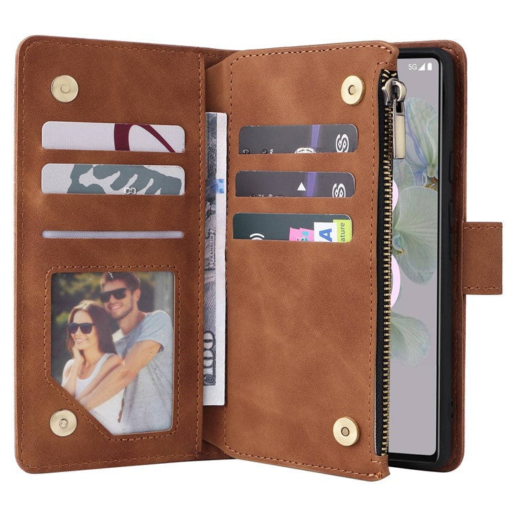 Multiple Card Slots Phone Cover for Google Pixel 6a, PU Leather Wallet Stand Zipper Pocket Shell - Brown