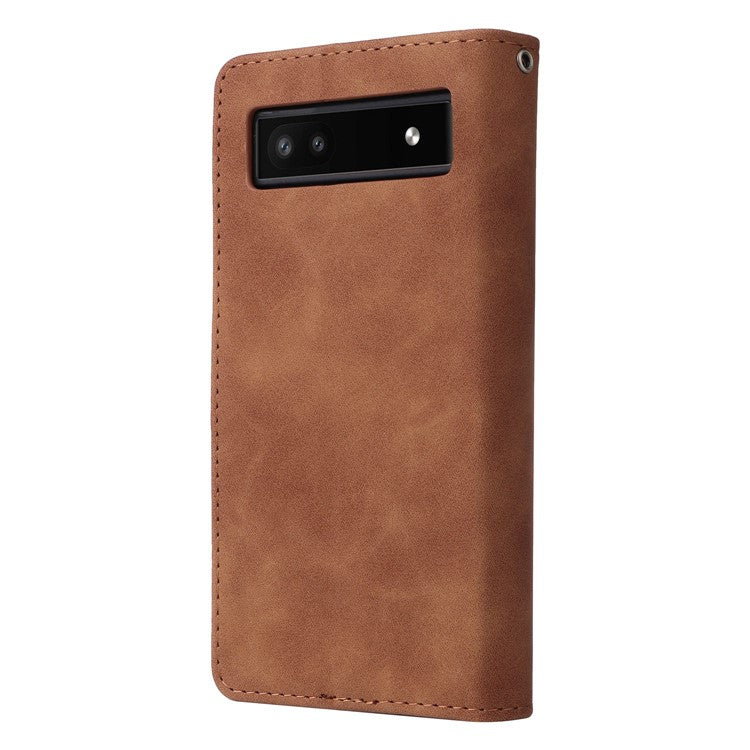 Multiple Card Slots Phone Cover for Google Pixel 6a, PU Leather Wallet Stand Zipper Pocket Shell - Brown