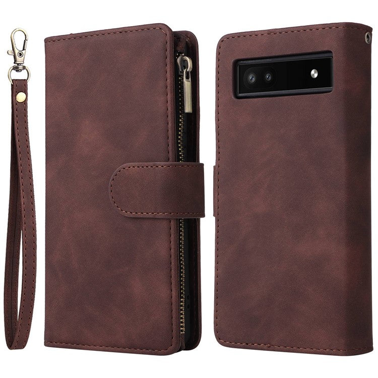 Multiple Card Slots Phone Cover for Google Pixel 6a, PU Leather Wallet Stand Zipper Pocket Shell - Coffee