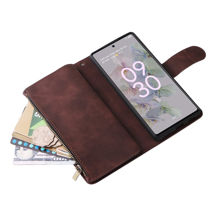 Multiple Card Slots Phone Cover for Google Pixel 6a, PU Leather Wallet Stand Zipper Pocket Shell - Coffee