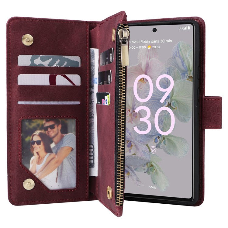 Multiple Card Slots Phone Cover for Google Pixel 6a, PU Leather Wallet Stand Zipper Pocket Shell - Wine Red