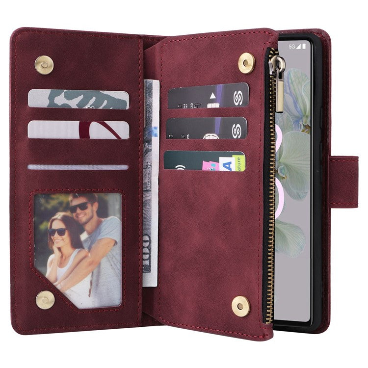 Multiple Card Slots Phone Cover for Google Pixel 6a, PU Leather Wallet Stand Zipper Pocket Shell - Wine Red