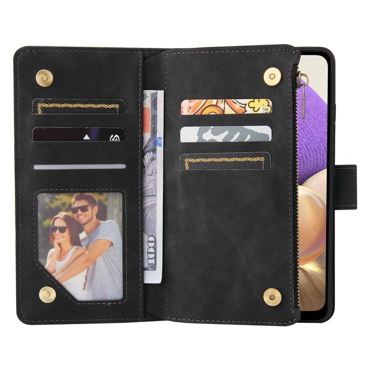 For Samsung Galaxy A32 4G (EU Version) Multiple Card Slots Zipper Pocket Leather Phone Case Stand Wallet Cover - Black