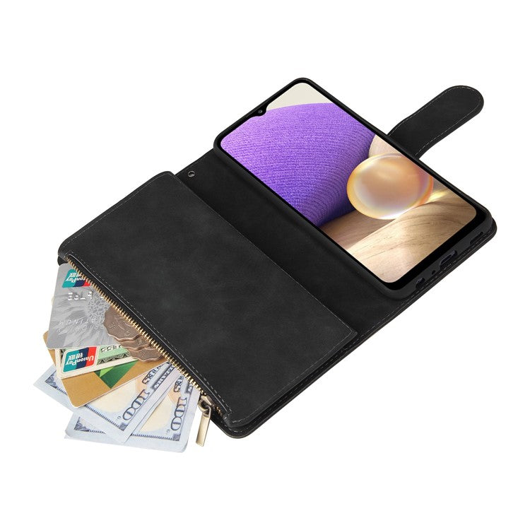 For Samsung Galaxy A32 4G (EU Version) Multiple Card Slots Zipper Pocket Leather Phone Case Stand Wallet Cover - Black