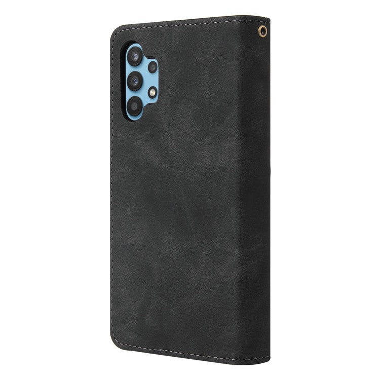 For Samsung Galaxy A32 4G (EU Version) Multiple Card Slots Zipper Pocket Leather Phone Case Stand Wallet Cover - Black