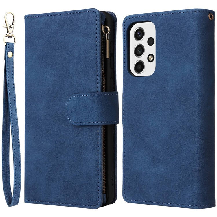 For Samsung Galaxy A53 5G Multiple Card Slots Drop-proof Case Leather Wallet Stand Folio Flip Phone Cover with Zipper Pocket - Blue