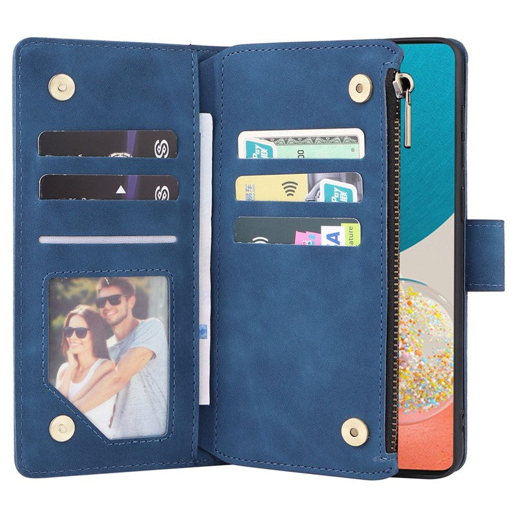 For Samsung Galaxy A53 5G Multiple Card Slots Drop-proof Case Leather Wallet Stand Folio Flip Phone Cover with Zipper Pocket - Blue