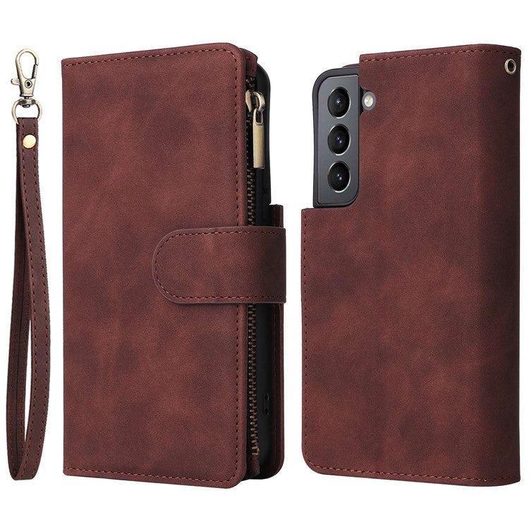 Multiple Card Slots Leather Case for Samsung Galaxy S22+ 5G, Anti-drop Wallet Stand Phone Cover with Zipper Pocket - Coffee