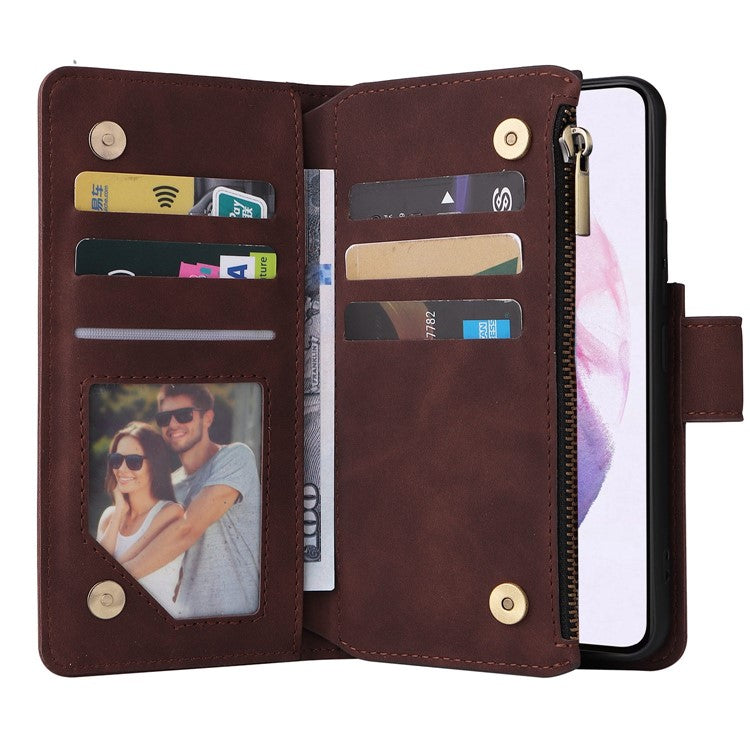 Multiple Card Slots Leather Case for Samsung Galaxy S22+ 5G, Anti-drop Wallet Stand Phone Cover with Zipper Pocket - Coffee