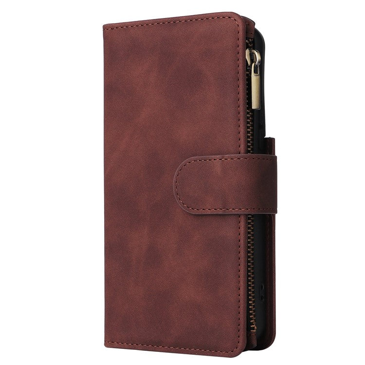 Multiple Card Slots Leather Case for Samsung Galaxy S22+ 5G, Anti-drop Wallet Stand Phone Cover with Zipper Pocket - Coffee