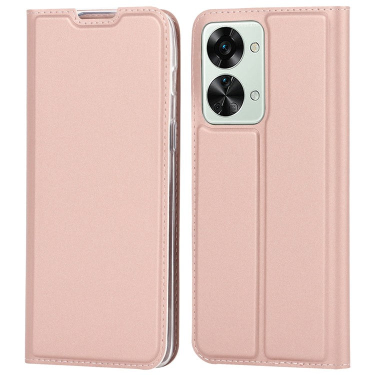 For OnePlus Nord 2T 5G PU Leather Stand Flip Folio Cover Magnetic Absorption Card Slot Case - Rose Gold