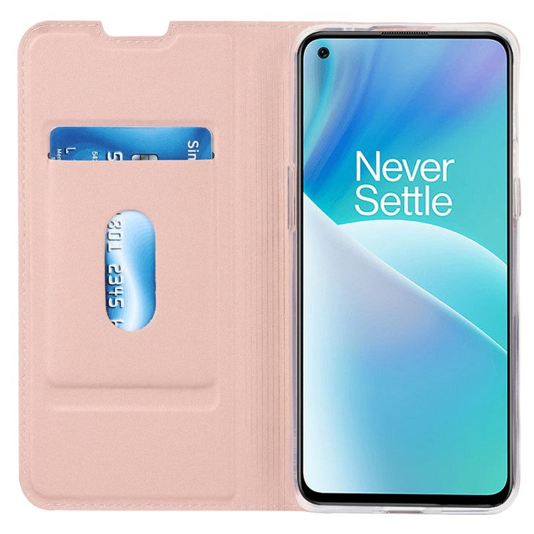 For OnePlus Nord 2T 5G PU Leather Stand Flip Folio Cover Magnetic Absorption Card Slot Case - Rose Gold