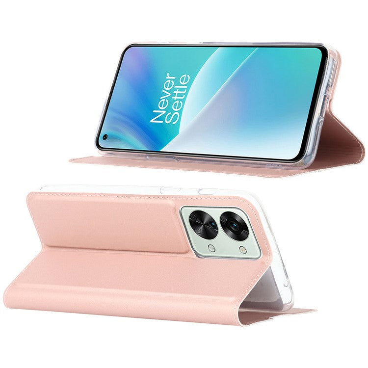 For OnePlus Nord 2T 5G PU Leather Stand Flip Folio Cover Magnetic Absorption Card Slot Case - Rose Gold