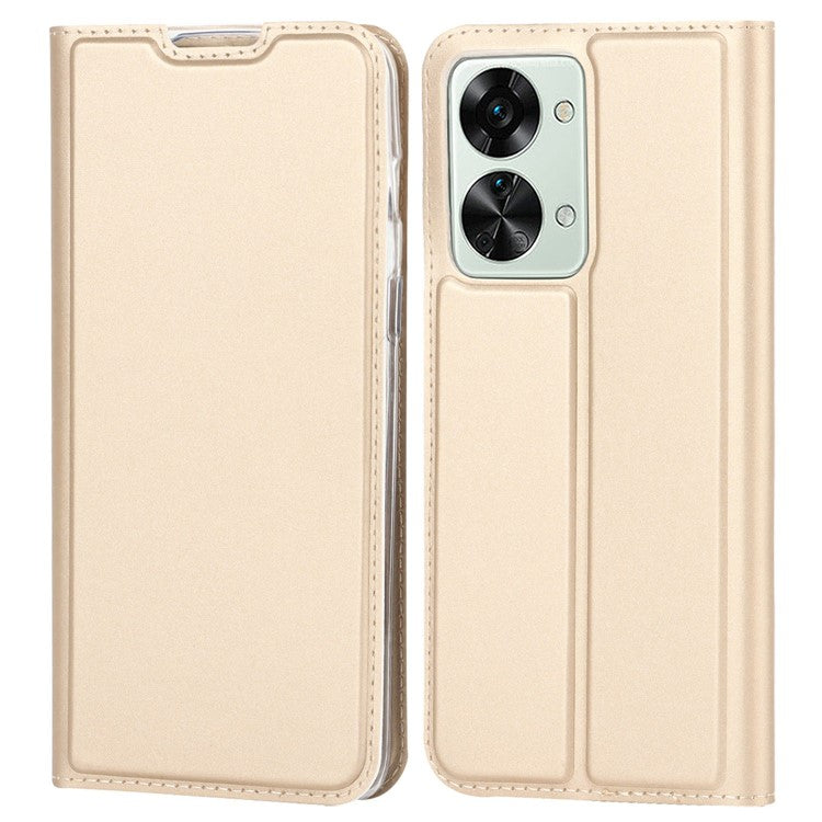 For OnePlus Nord 2T 5G PU Leather Stand Flip Folio Cover Magnetic Absorption Card Slot Case - Gold