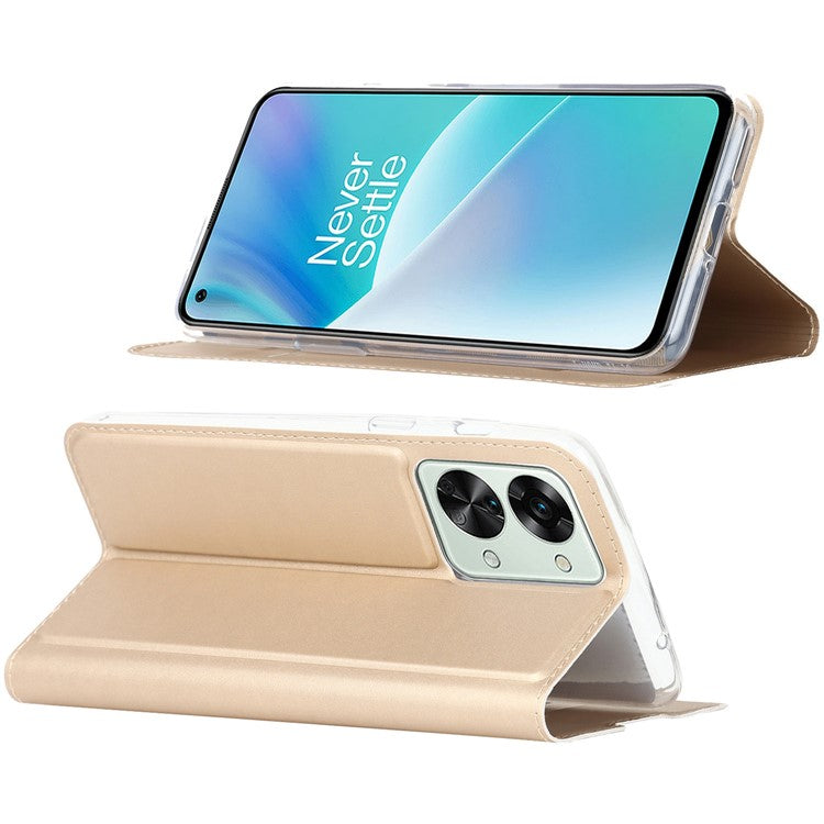 For OnePlus Nord 2T 5G PU Leather Stand Flip Folio Cover Magnetic Absorption Card Slot Case - Gold