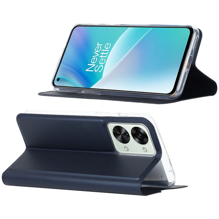 For OnePlus Nord 2T 5G PU Leather Stand Flip Folio Cover Magnetic Absorption Card Slot Case - Blue