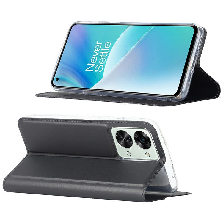For OnePlus Nord 2T 5G PU Leather Stand Flip Folio Cover Magnetic Absorption Card Slot Case - Black