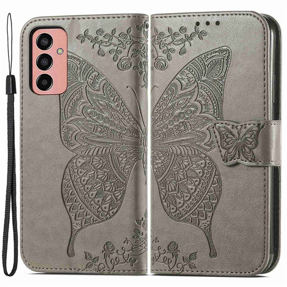 For Samsung Galaxy M13 4G PU Leather Stand Wallet Case Collision Proof Imprinted Butterfly Pattern Cell Phone Cover - Grey