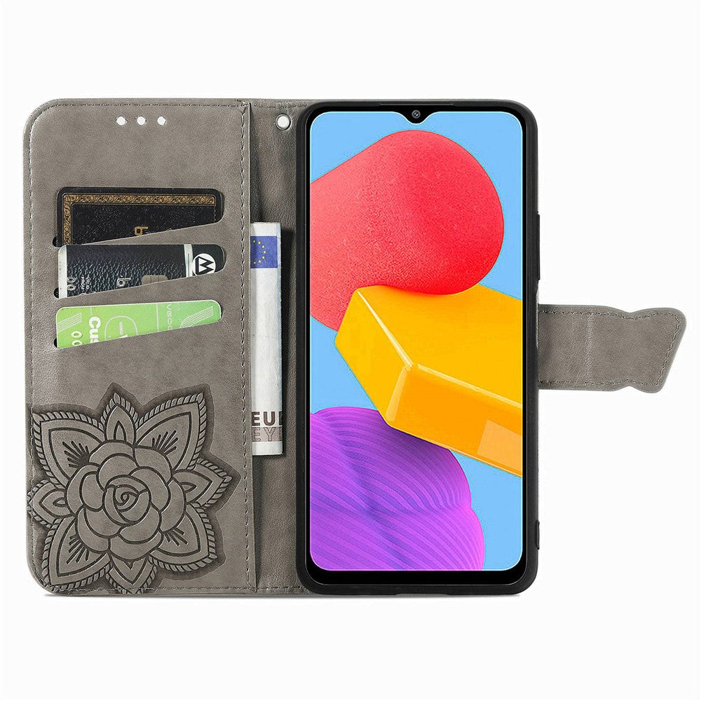 For Samsung Galaxy M13 4G PU Leather Stand Wallet Case Collision Proof Imprinted Butterfly Pattern Cell Phone Cover - Grey