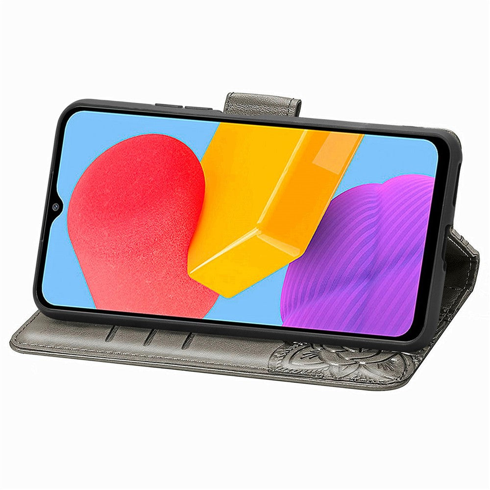 For Samsung Galaxy M13 4G PU Leather Stand Wallet Case Collision Proof Imprinted Butterfly Pattern Cell Phone Cover - Grey