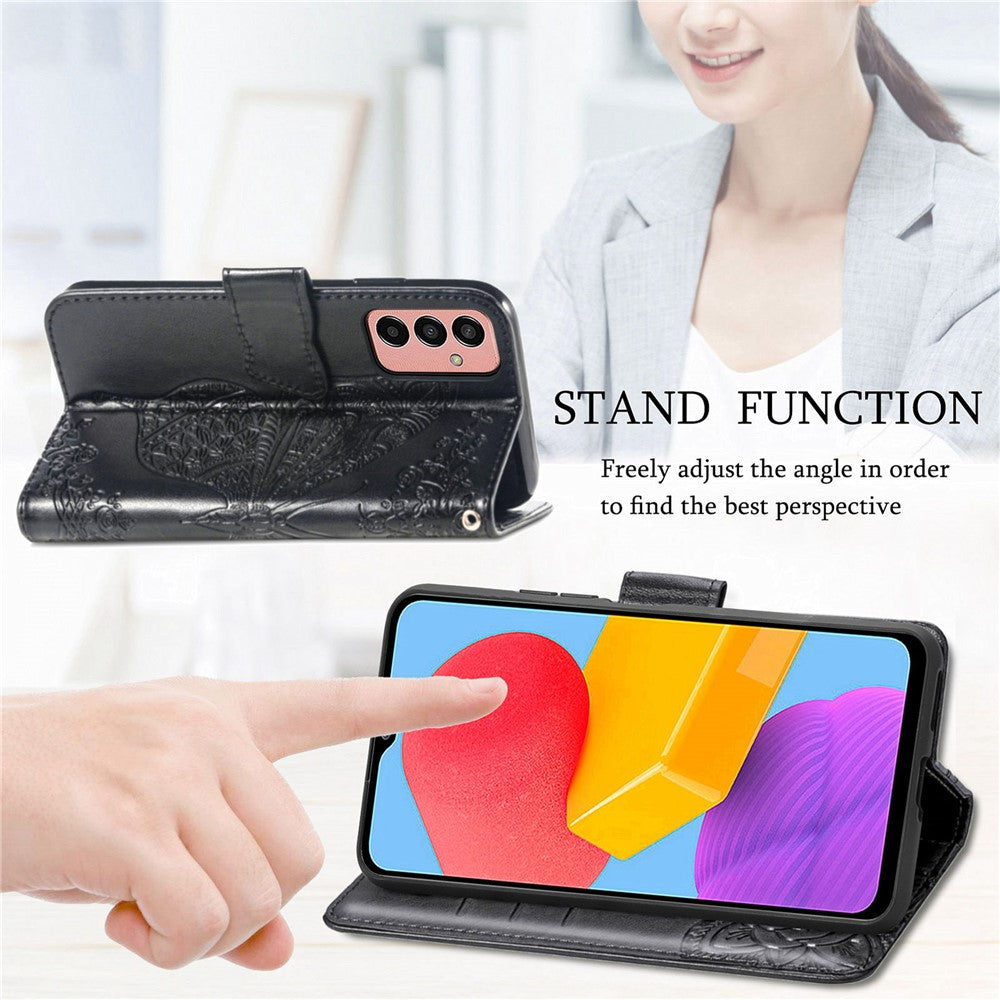 For Samsung Galaxy M13 4G PU Leather Stand Wallet Case Collision Proof Imprinted Butterfly Pattern Cell Phone Cover - Grey