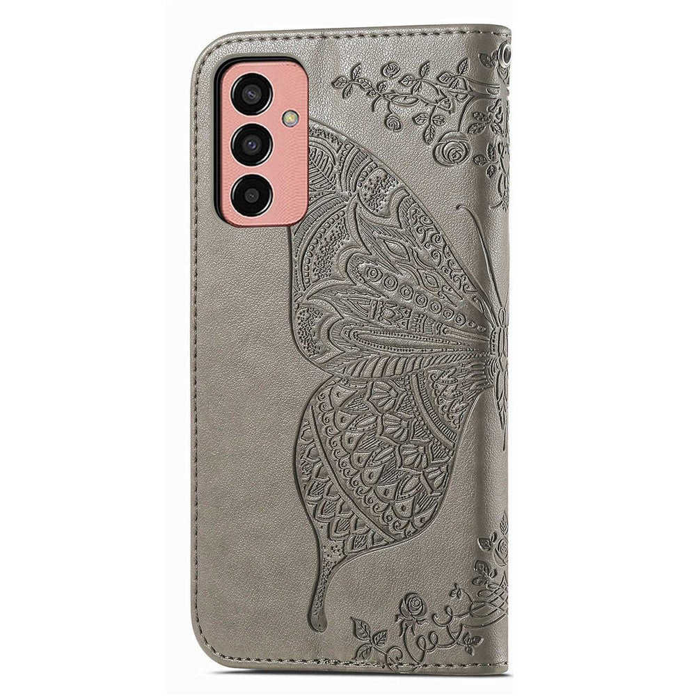 For Samsung Galaxy M13 4G PU Leather Stand Wallet Case Collision Proof Imprinted Butterfly Pattern Cell Phone Cover - Grey