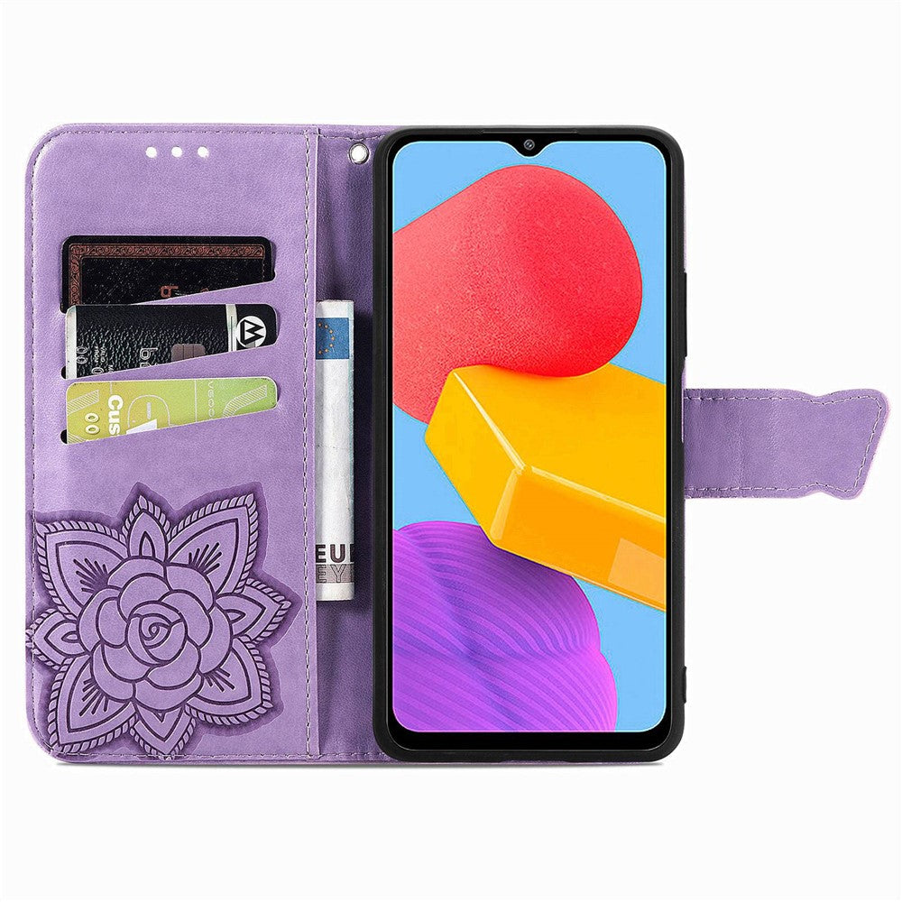 For Samsung Galaxy M13 4G PU Leather Stand Wallet Case Collision Proof Imprinted Butterfly Pattern Cell Phone Cover - Light Purple
