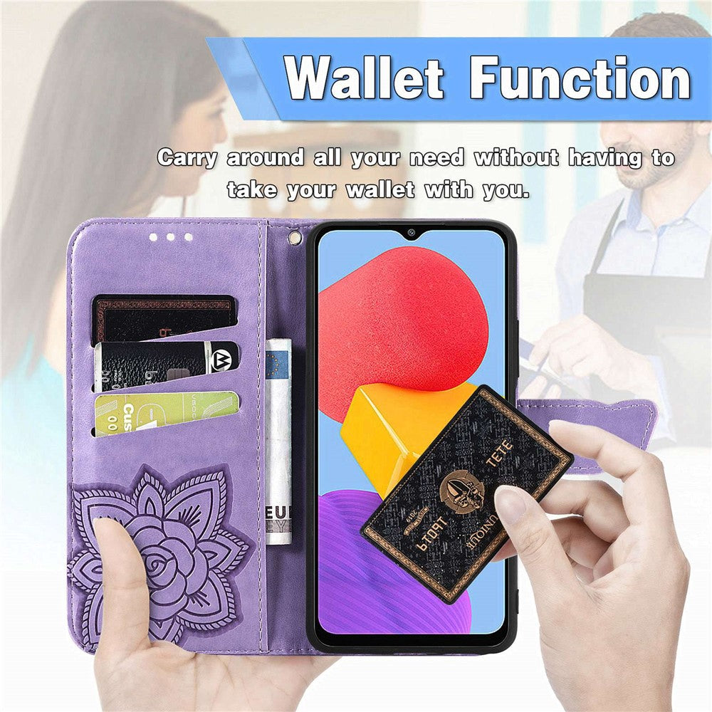 For Samsung Galaxy M13 4G PU Leather Stand Wallet Case Collision Proof Imprinted Butterfly Pattern Cell Phone Cover - Light Purple