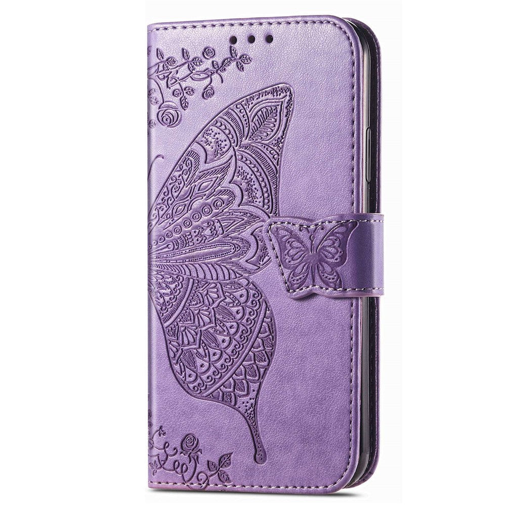 For Samsung Galaxy M13 4G PU Leather Stand Wallet Case Collision Proof Imprinted Butterfly Pattern Cell Phone Cover - Light Purple