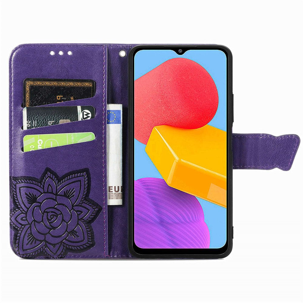 For Samsung Galaxy M13 4G PU Leather Stand Wallet Case Collision Proof Imprinted Butterfly Pattern Cell Phone Cover - Purple