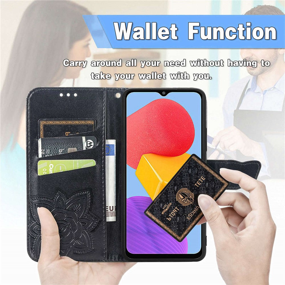 For Samsung Galaxy M13 4G PU Leather Stand Wallet Case Collision Proof Imprinted Butterfly Pattern Cell Phone Cover - Purple