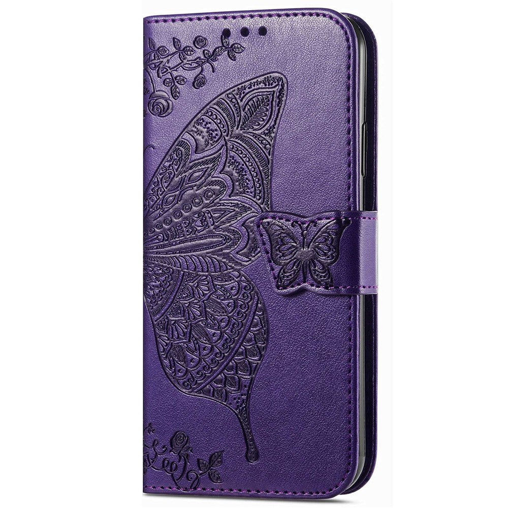 For Samsung Galaxy M13 4G PU Leather Stand Wallet Case Collision Proof Imprinted Butterfly Pattern Cell Phone Cover - Purple