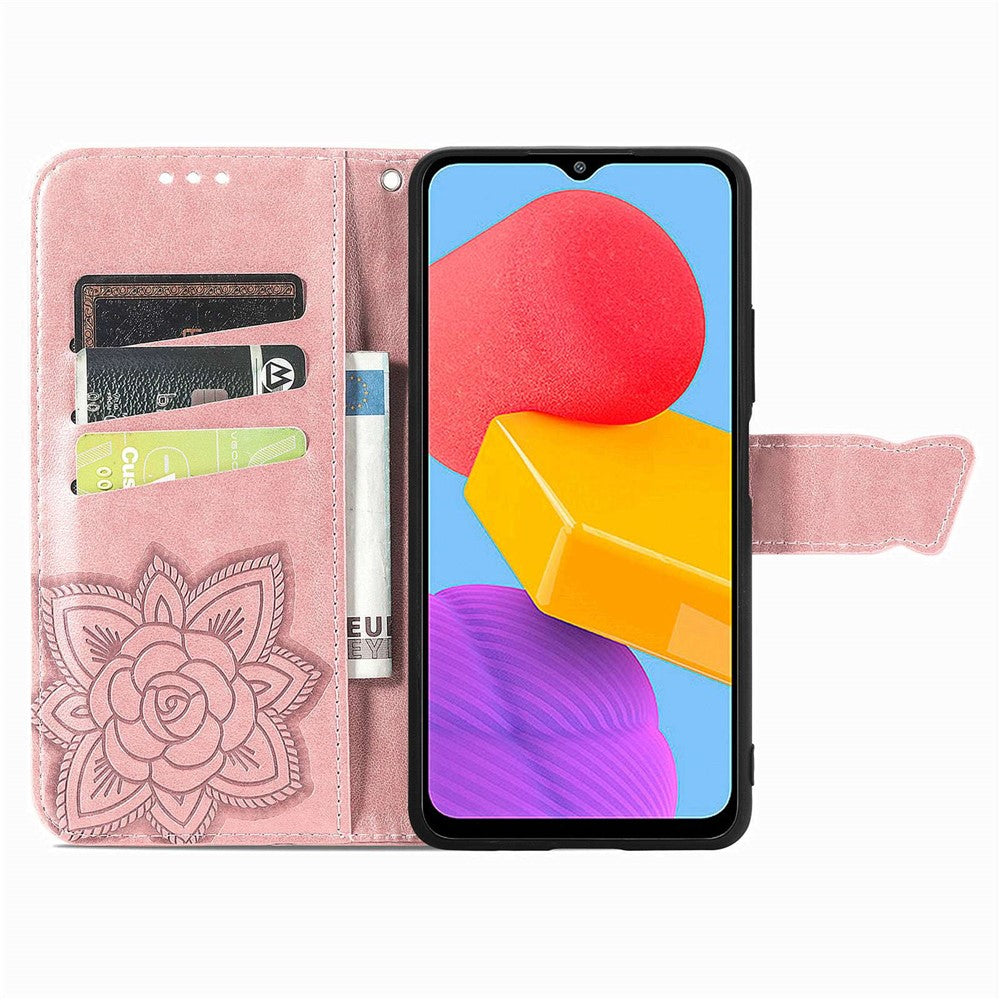 For Samsung Galaxy M13 4G PU Leather Stand Wallet Case Collision Proof Imprinted Butterfly Pattern Cell Phone Cover - Rose Gold