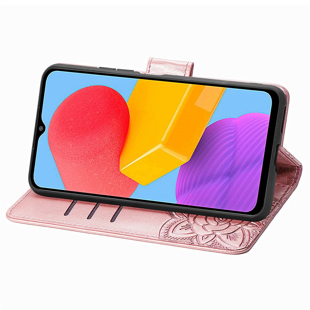 For Samsung Galaxy M13 4G PU Leather Stand Wallet Case Collision Proof Imprinted Butterfly Pattern Cell Phone Cover - Rose Gold