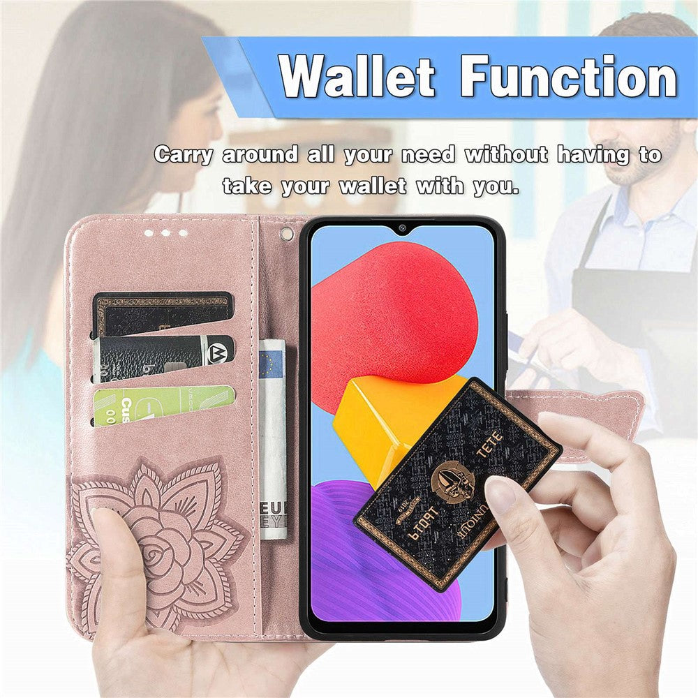 For Samsung Galaxy M13 4G PU Leather Stand Wallet Case Collision Proof Imprinted Butterfly Pattern Cell Phone Cover - Rose Gold