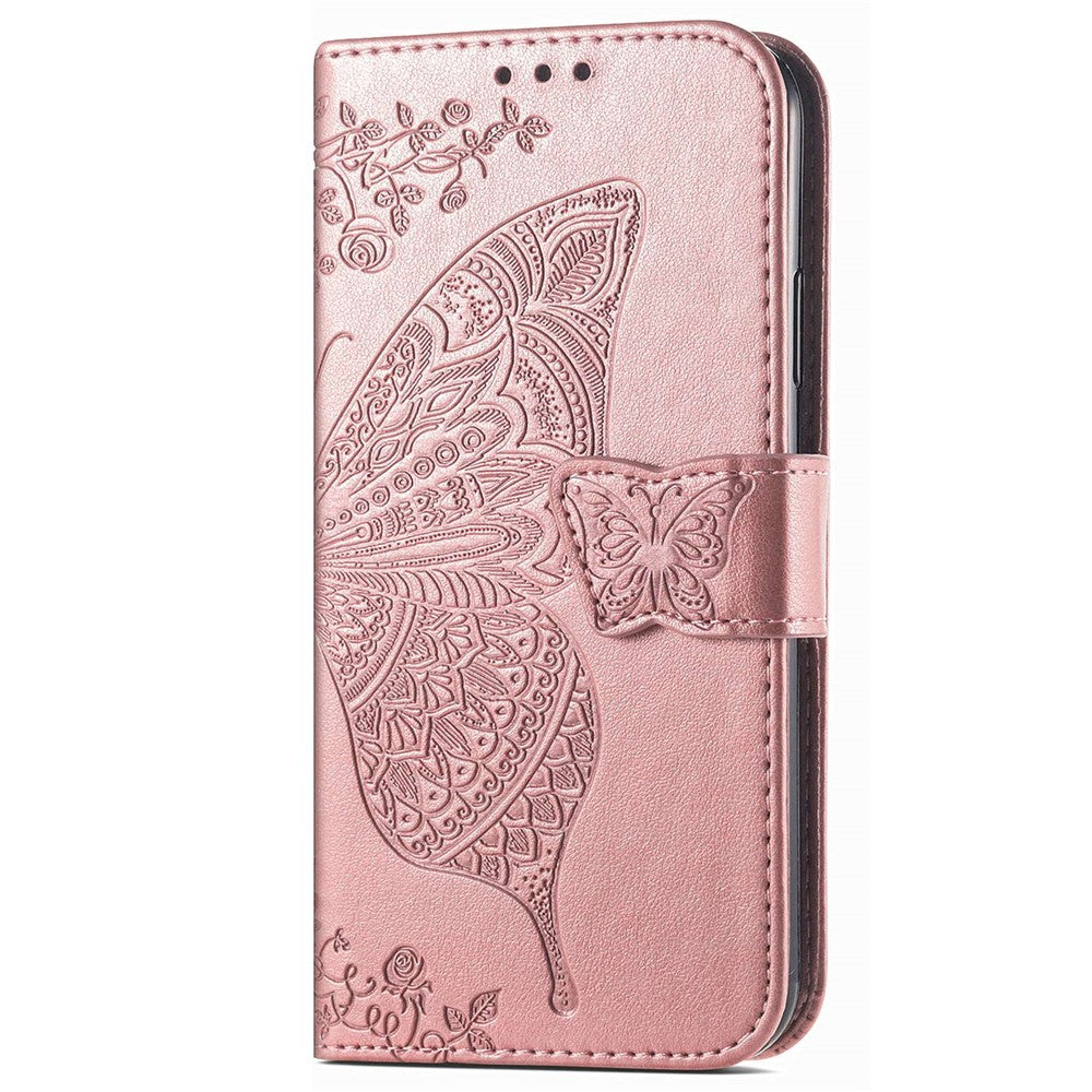 For Samsung Galaxy M13 4G PU Leather Stand Wallet Case Collision Proof Imprinted Butterfly Pattern Cell Phone Cover - Rose Gold