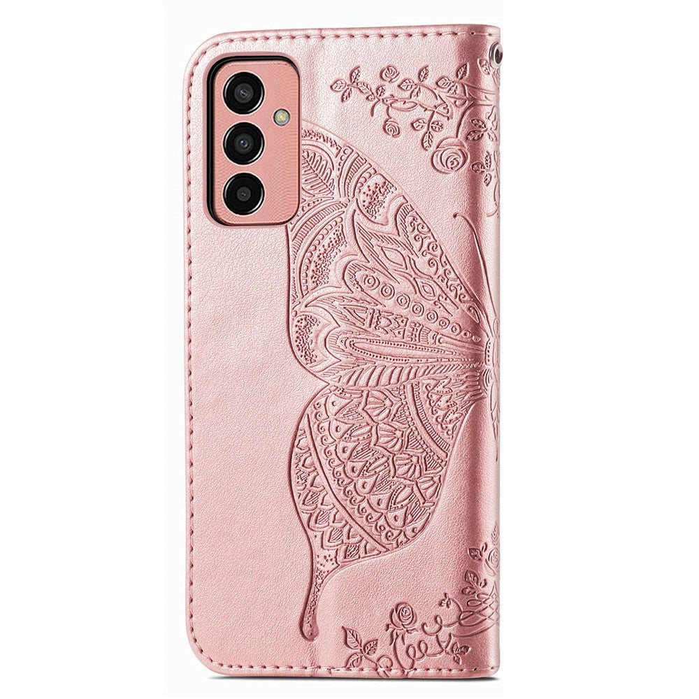 For Samsung Galaxy M13 4G PU Leather Stand Wallet Case Collision Proof Imprinted Butterfly Pattern Cell Phone Cover - Rose Gold