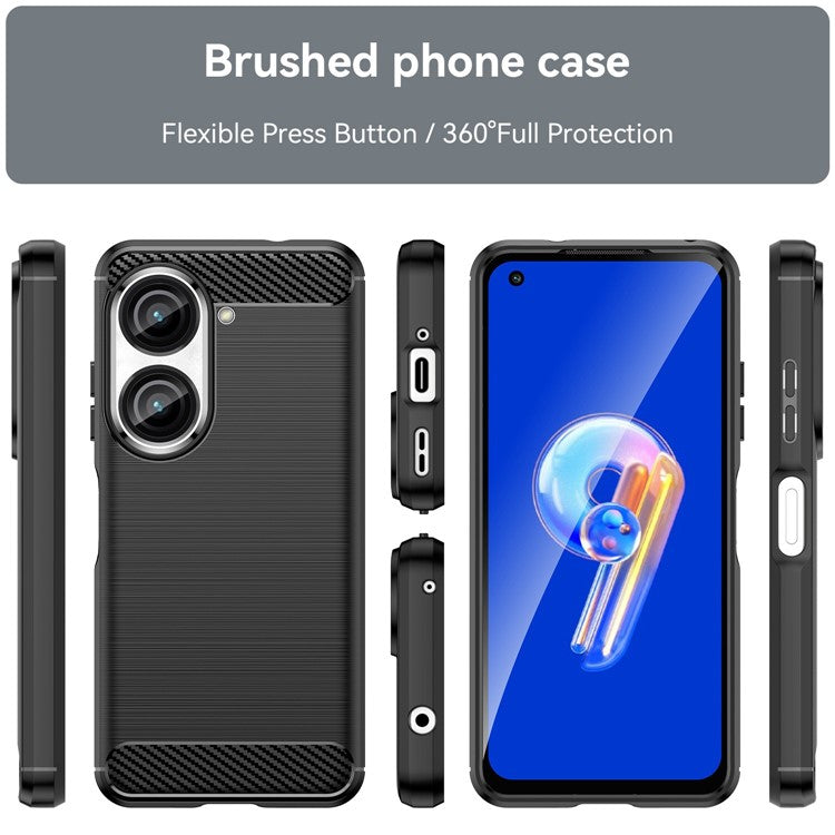For Asus Zenfone 9 5G Durable TPU Cell Phone Case Carbon Fiber Texture Brushed Surface Wear-resistant Cover - Black