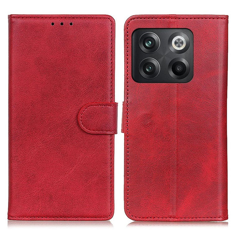 For OnePlus 10T 5G / Ace Pro 5G Magnetic PU Leather Flip Folio Cover Cowhide Textured Wallet Style Folding Stand Cover - Red