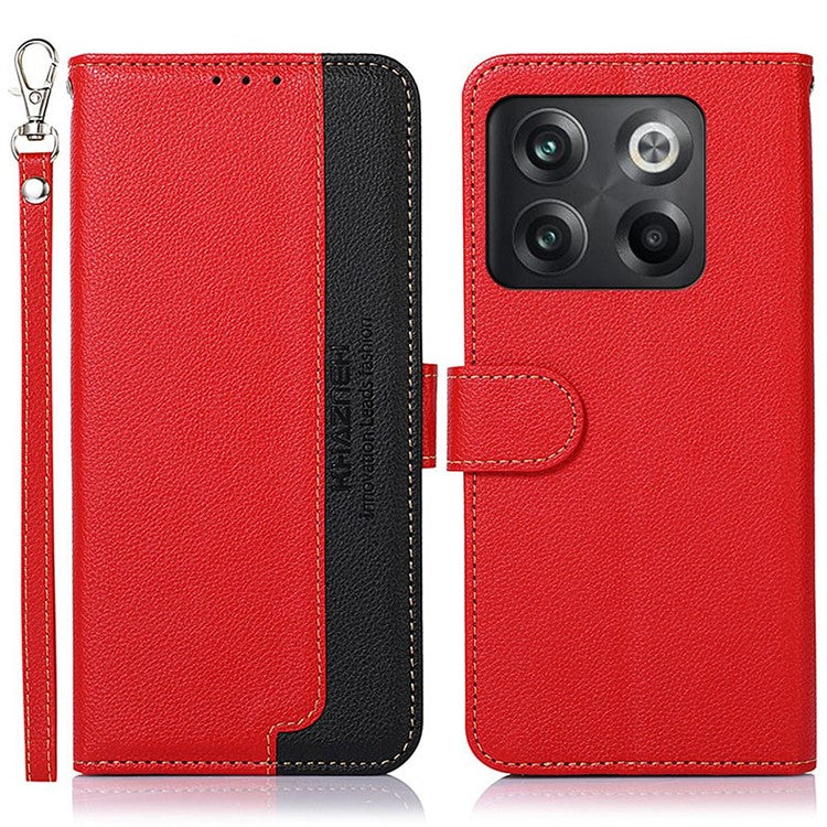 KHAZNEH For OnePlus 10T 5G / Ace Pro 5G Flip Folio Wallet RFID Blocking Case Litchi Texture PU Leather Magnetic Handbag Stand Cover with Strap - Red