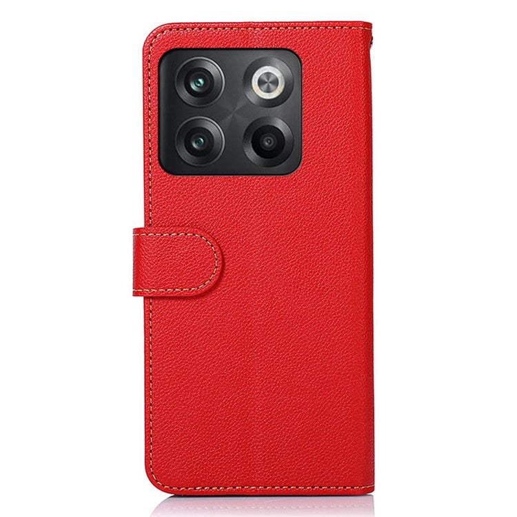 KHAZNEH For OnePlus 10T 5G / Ace Pro 5G Flip Folio Wallet RFID Blocking Case Litchi Texture PU Leather Magnetic Handbag Stand Cover with Strap - Red